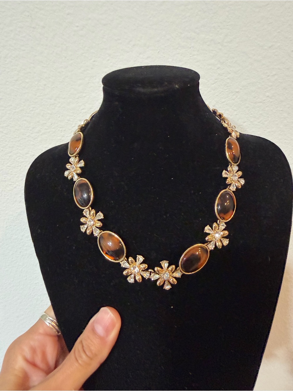 Charter Club Amber Glass Oval & Crystal Flower Necklace
